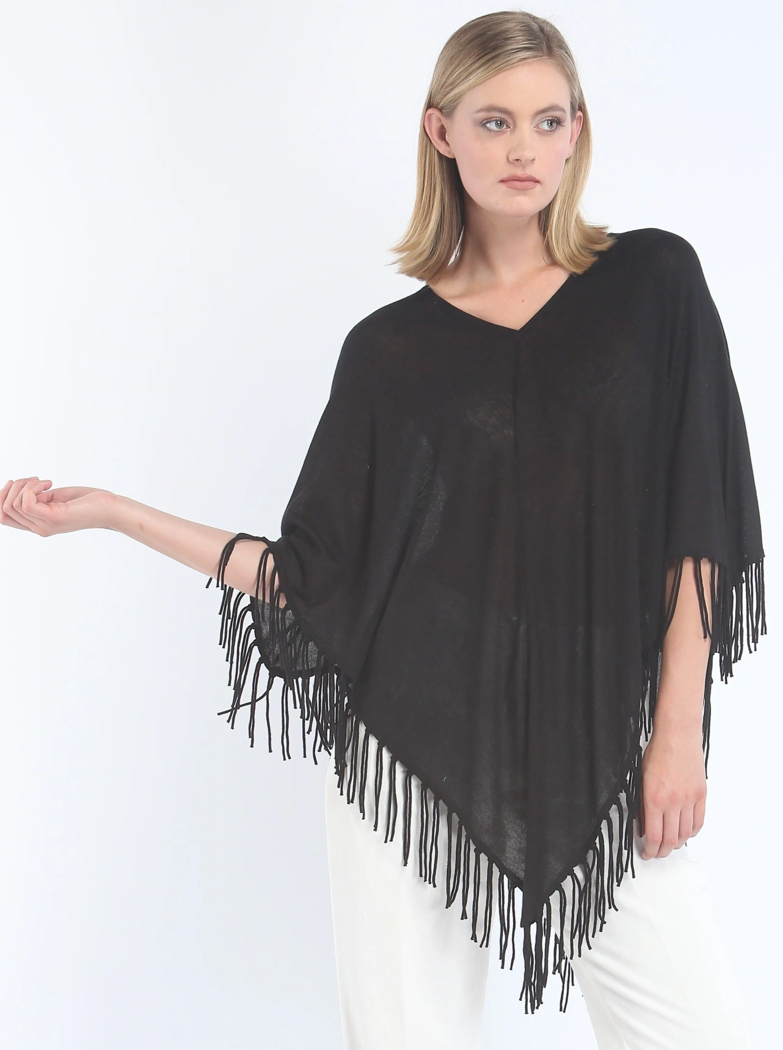 V Neck Fringed Poncho