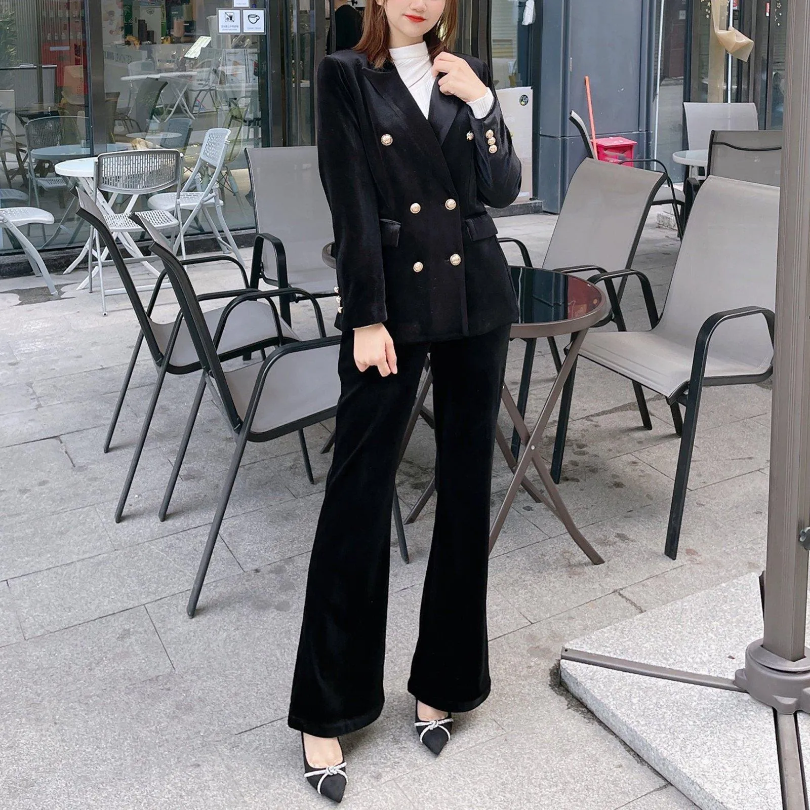 Velvet Double Breasted Blazer & Flare Pants Suit Set