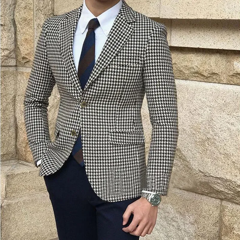 Voguable Houndstooth Plaid Casual Blazer for Men One Piece Suit Jacket with 2 Side Slit Slim Fit Male Coat Fashion Clothes New Arrival