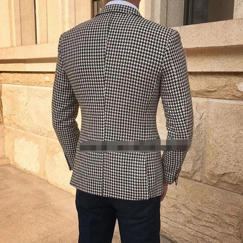 Voguable Houndstooth Plaid Casual Blazer for Men One Piece Suit Jacket with 2 Side Slit Slim Fit Male Coat Fashion Clothes New Arrival