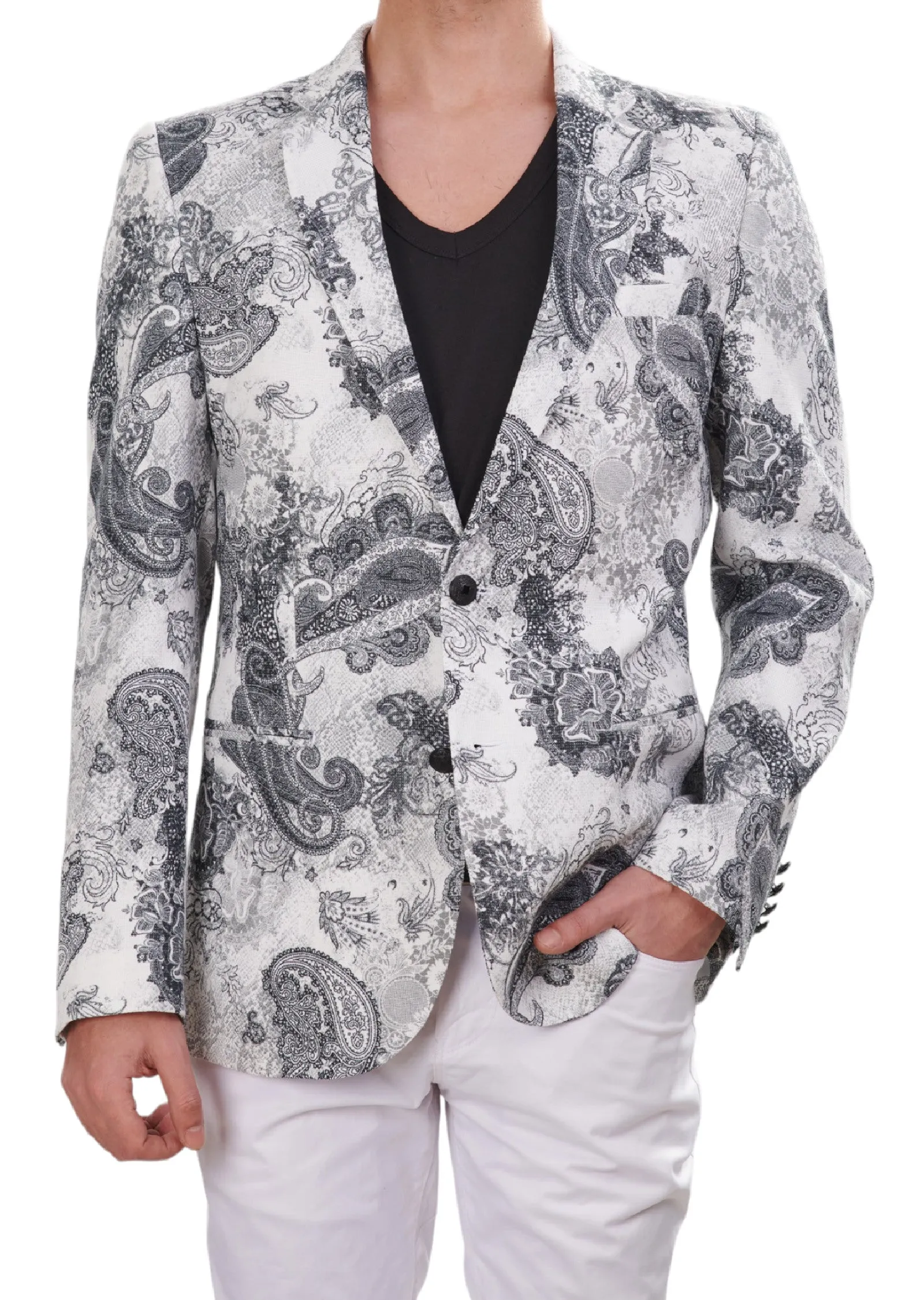 White Black Paisley Print Blazer