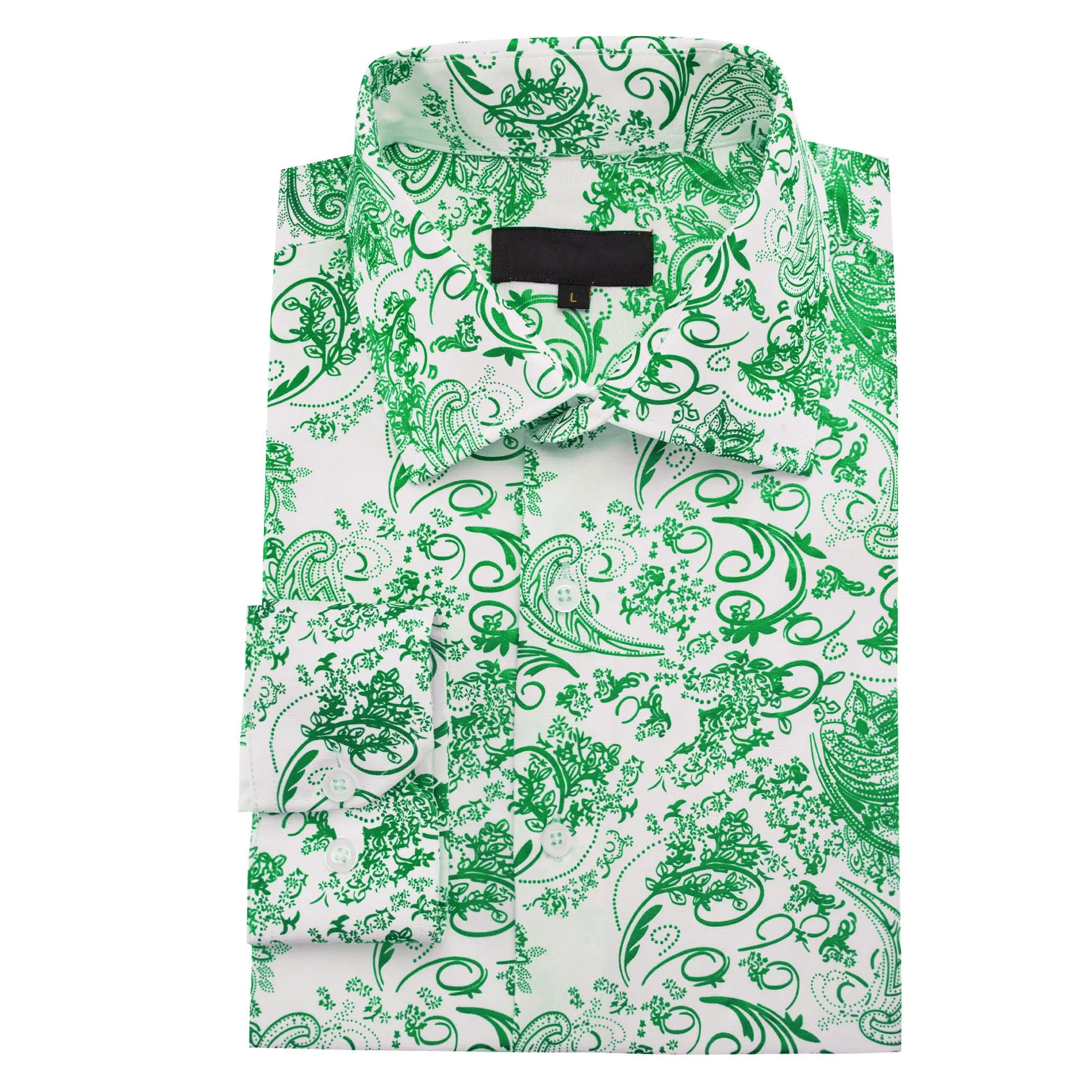 White Green Floral Paisley Silk Men's Long Sleeve Shirt