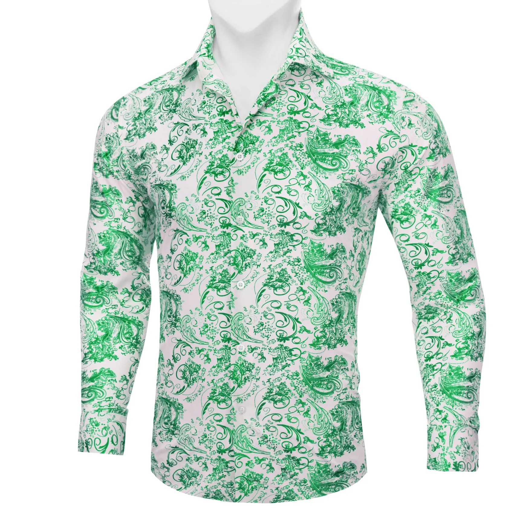 White Green Floral Paisley Silk Men's Long Sleeve Shirt