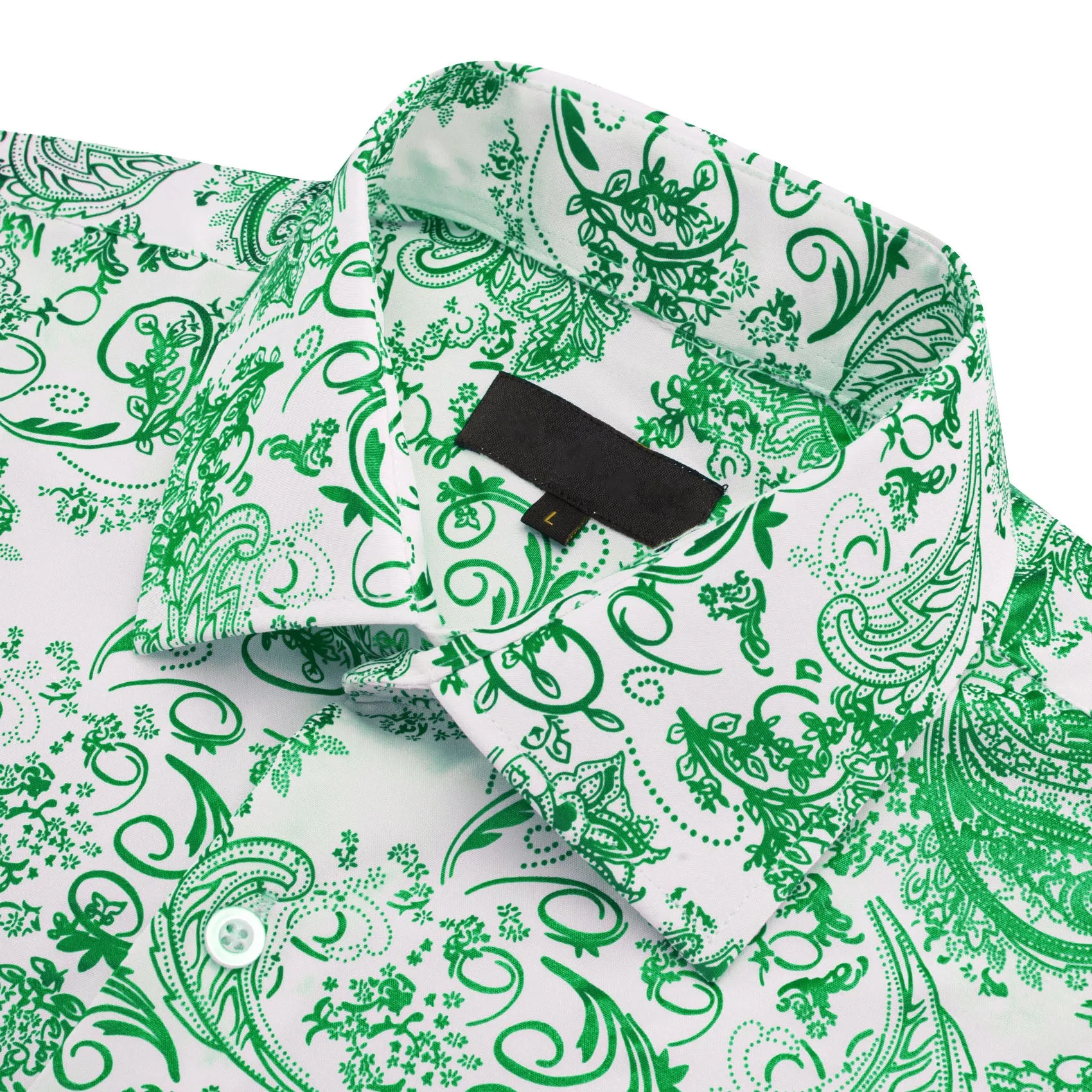 White Green Floral Paisley Silk Men's Long Sleeve Shirt