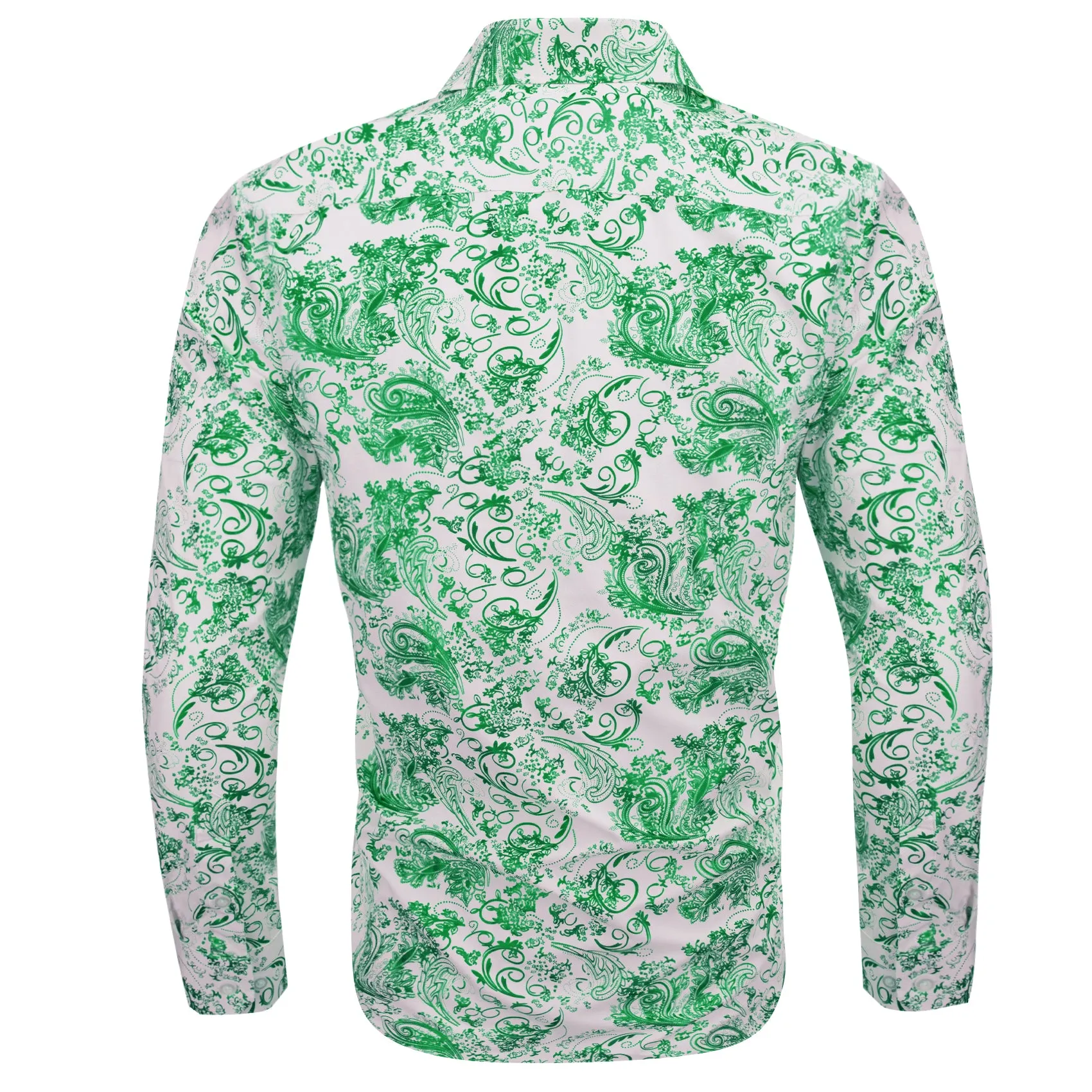 White Green Floral Paisley Silk Men's Long Sleeve Shirt