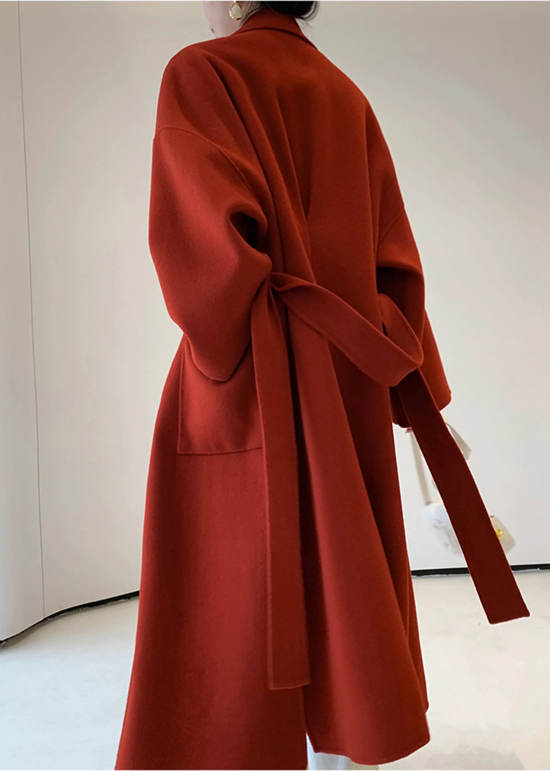 Wine Red Double Face Wool Long Belted Wrap Coat