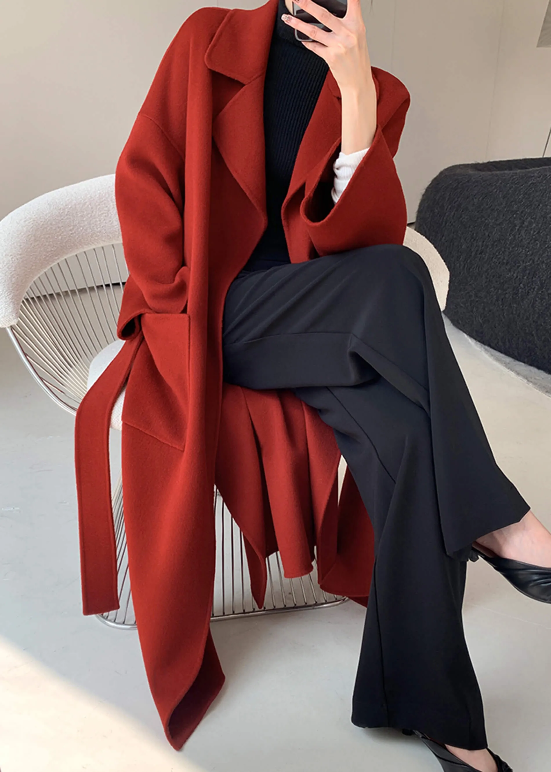 Wine Red Double Face Wool Long Belted Wrap Coat