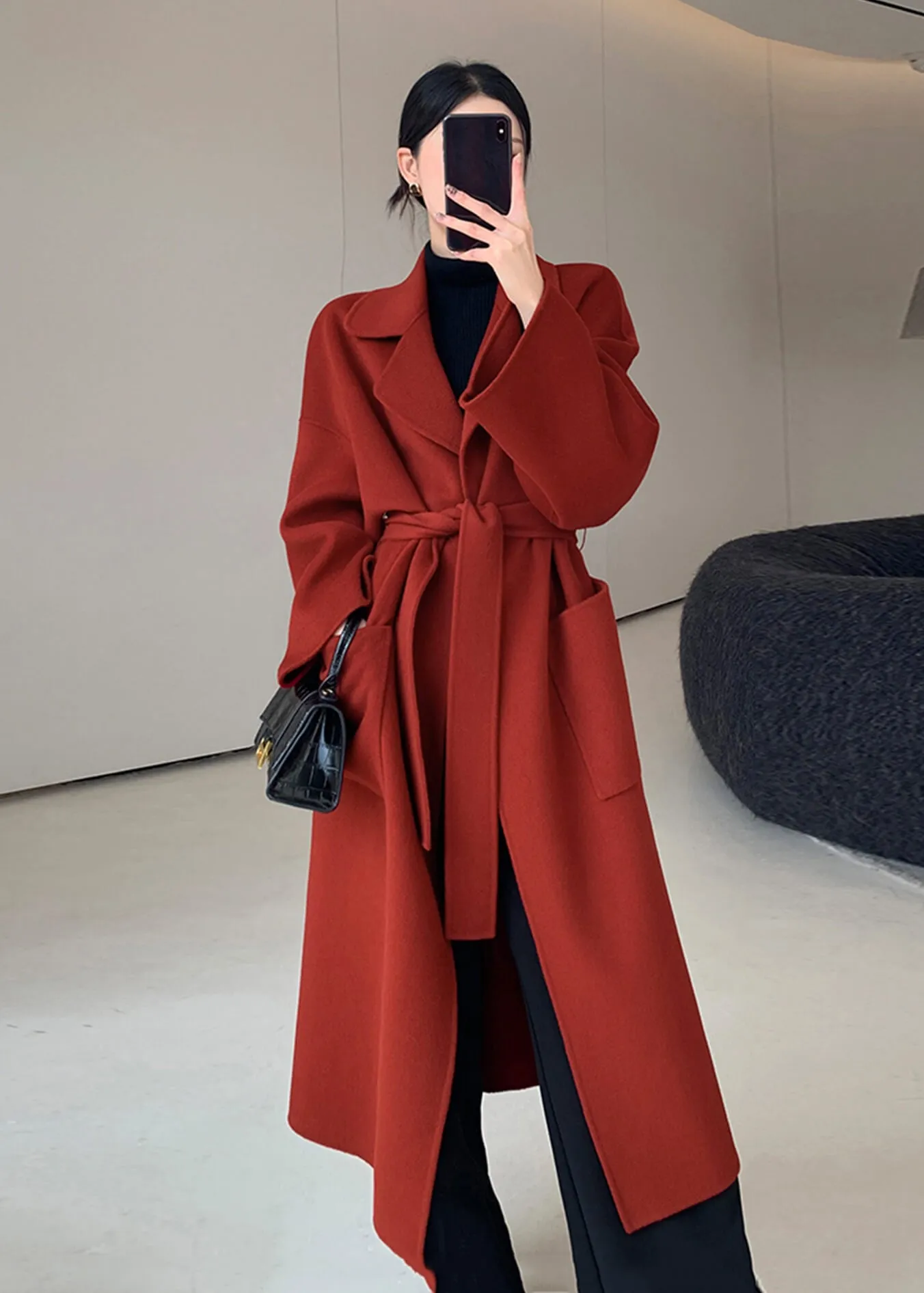 Wine Red Double Face Wool Long Belted Wrap Coat