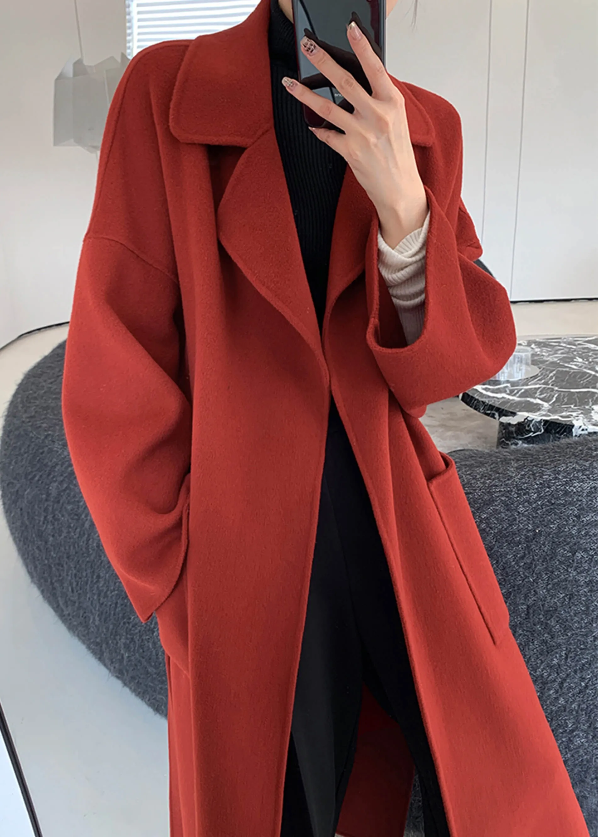 Wine Red Double Face Wool Long Belted Wrap Coat