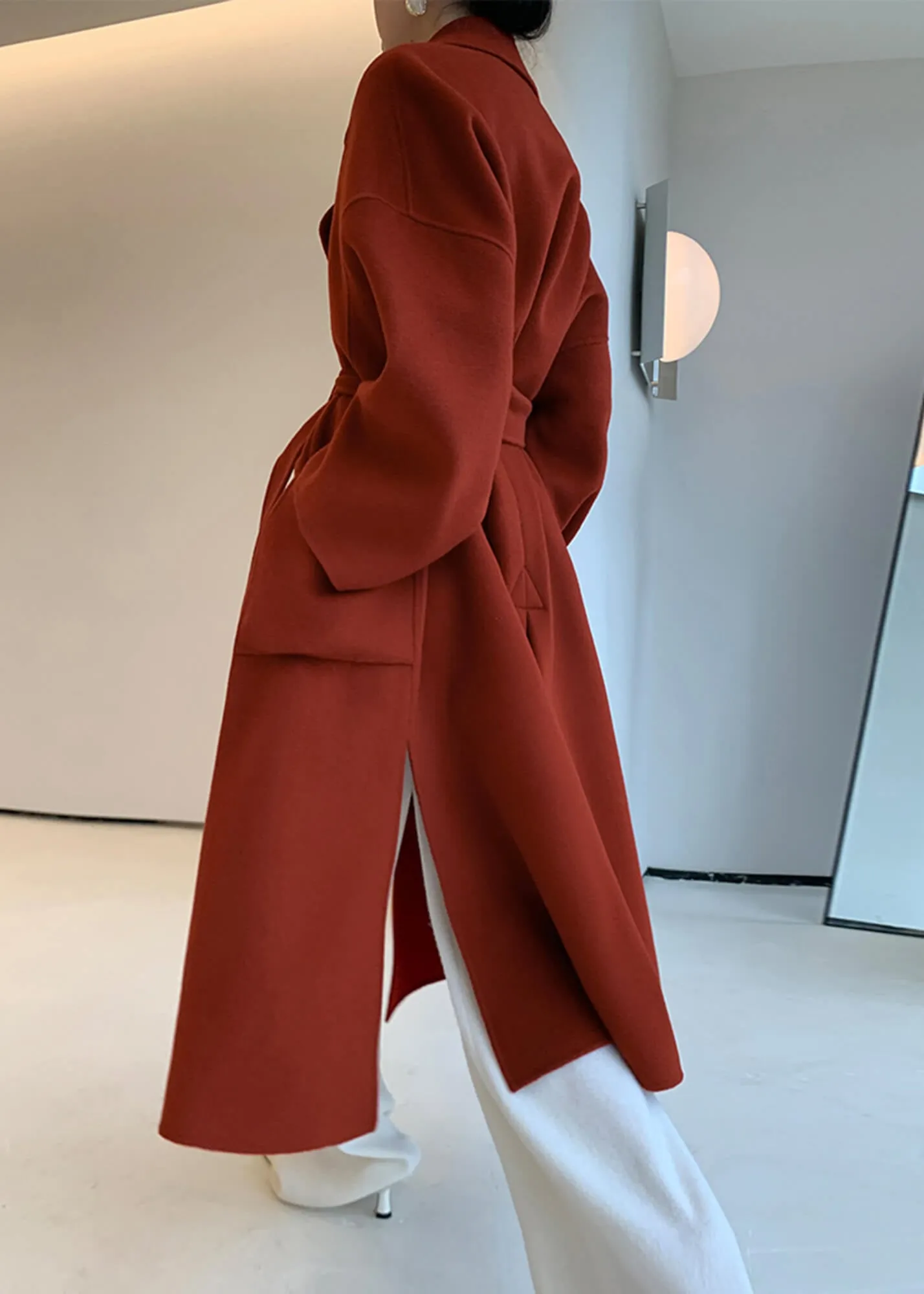 Wine Red Double Face Wool Long Belted Wrap Coat