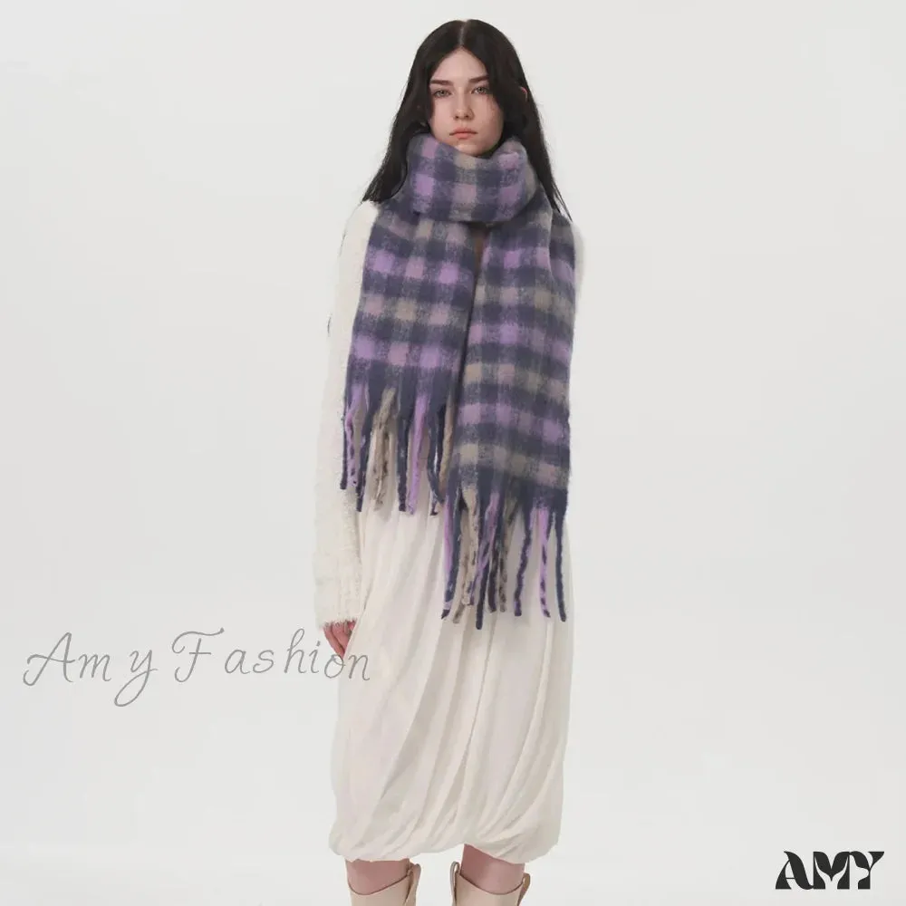 Winter Warm Cashmere Fashion Purple Gray Gradient Plaid Scarf