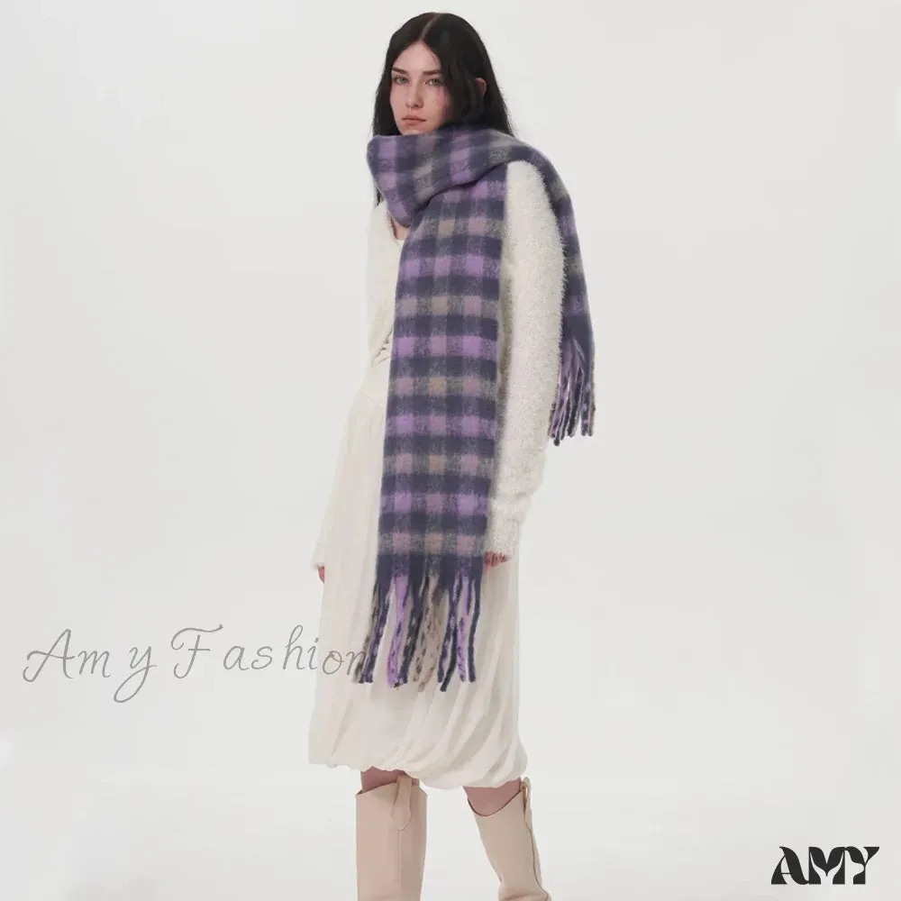 Winter Warm Cashmere Fashion Purple Gray Gradient Plaid Scarf