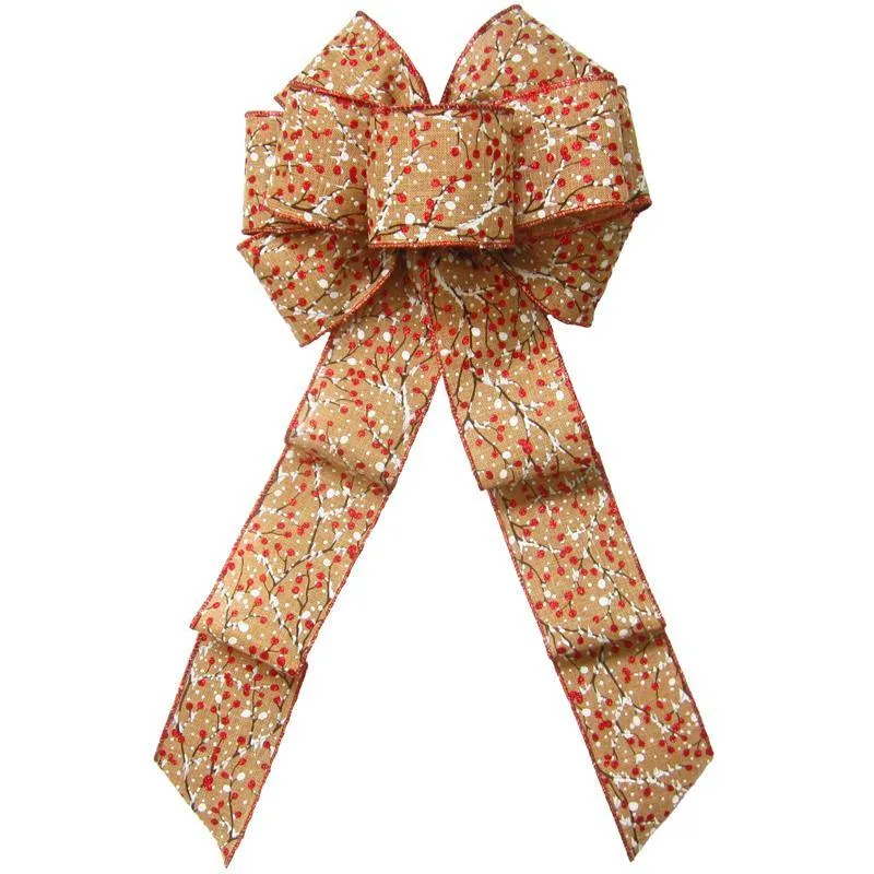 Wired Berries & Snow Linen Burlap Bow (2.5"ribbon~8"Wx16"L)