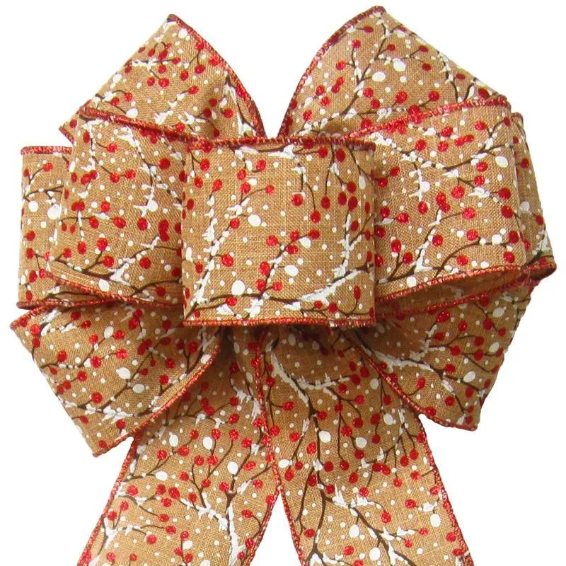 Wired Berries & Snow Linen Burlap Bow (2.5"ribbon~8"Wx16"L)