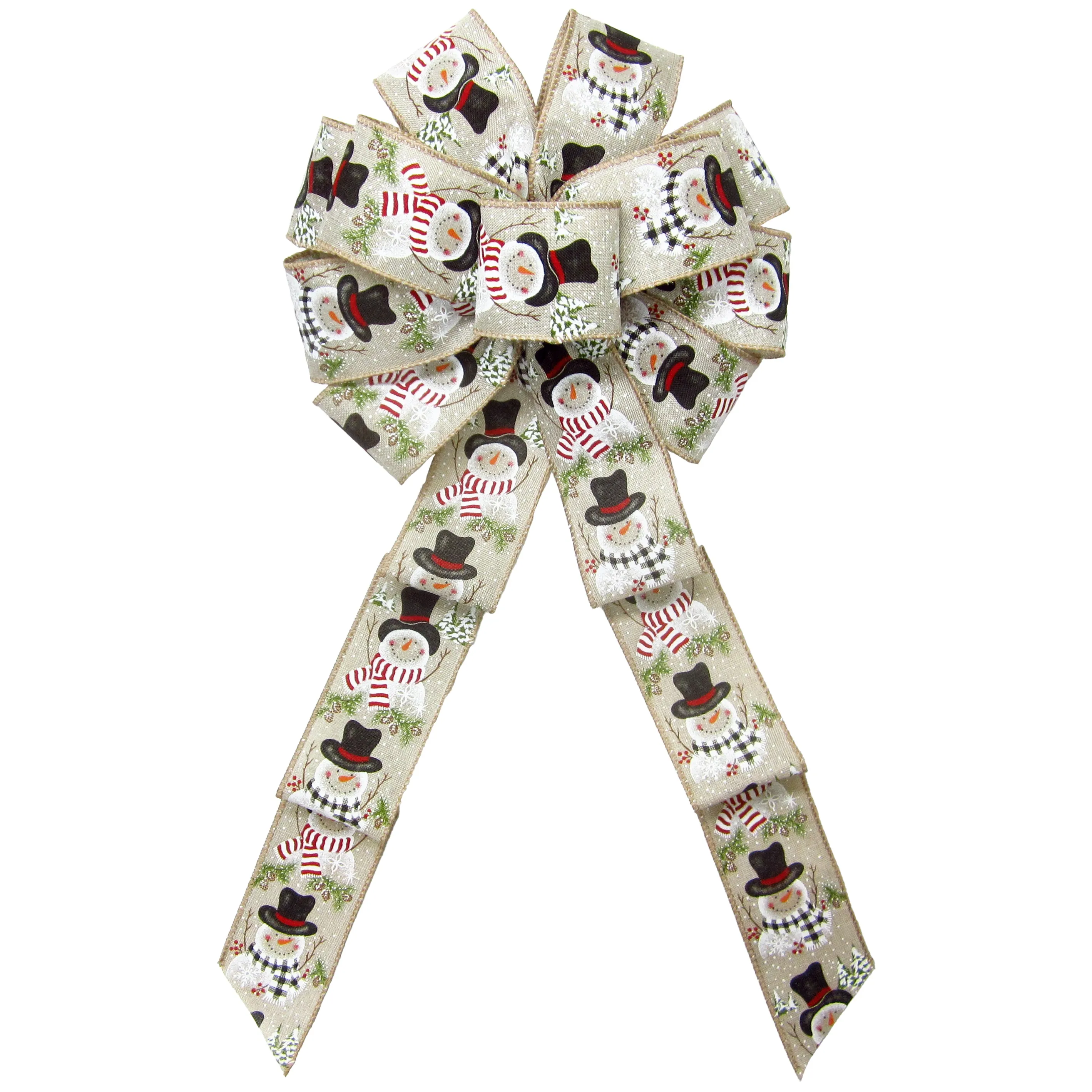 Wired Buffalo Candy Snowman Natural Linen Christmas Bow (2.5"ribbon~10"Wx20"L)