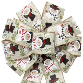 Wired Buffalo Candy Snowman Natural Linen Christmas Bow (2.5"ribbon~10"Wx20"L)