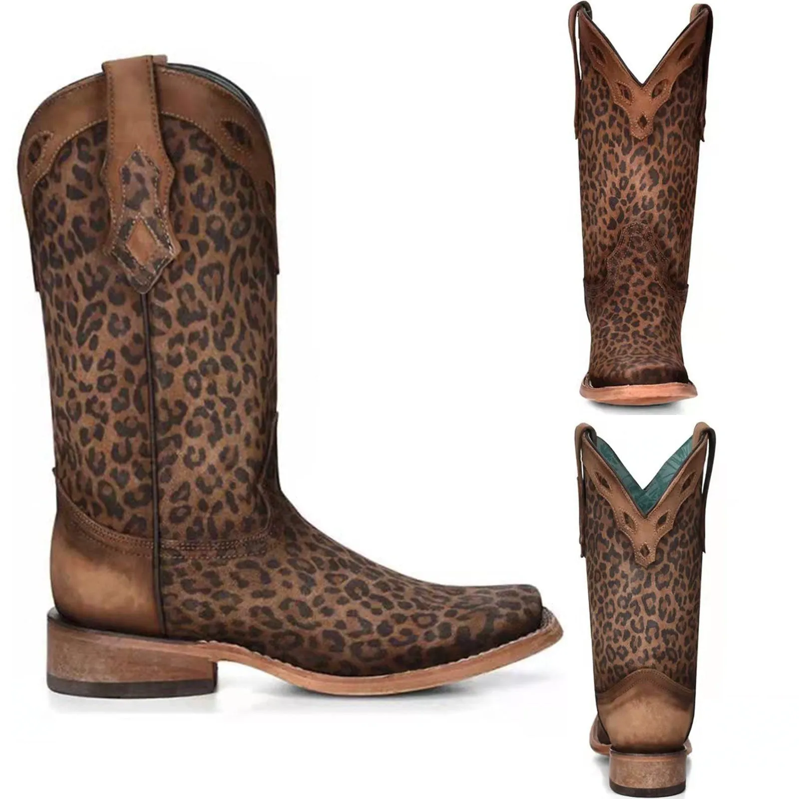 Women mid calf motorcycle chunky heel leopard print boots