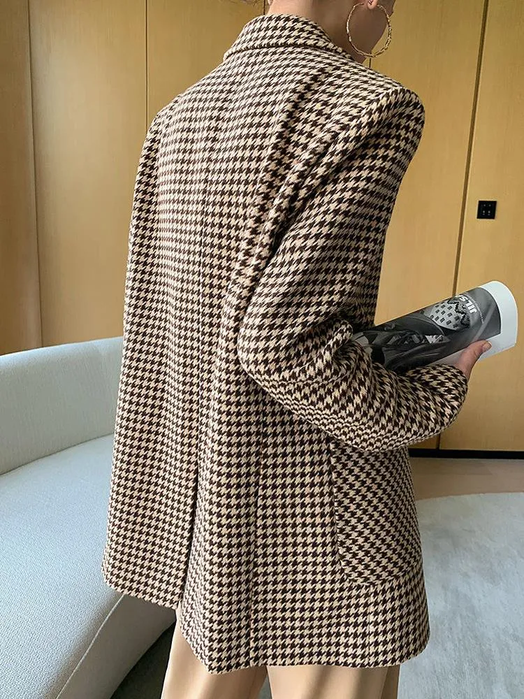 Women Vintage Houndstooth Woolen Blazer