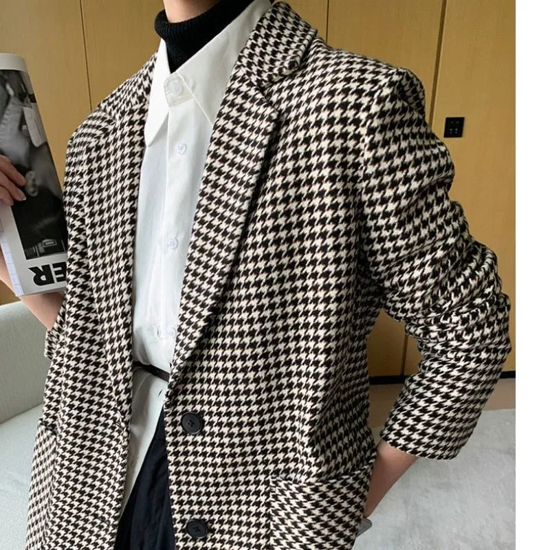 Women Vintage Houndstooth Woolen Blazer