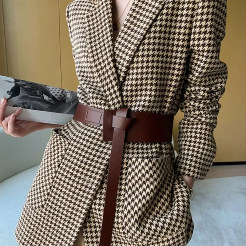 Women Vintage Houndstooth Woolen Blazer