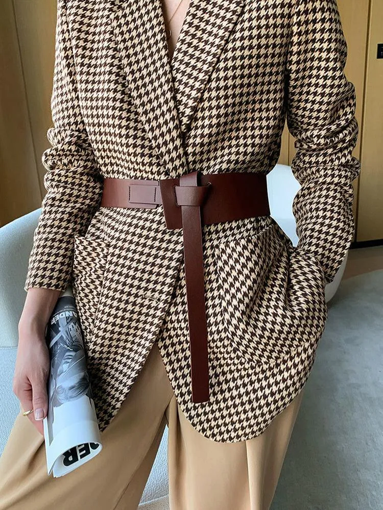 Women Vintage Houndstooth Woolen Blazer