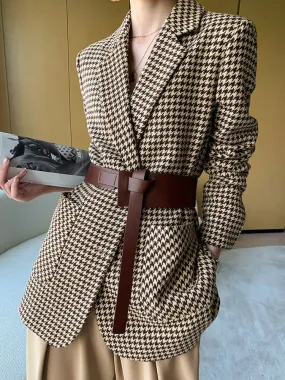 Women Vintage Houndstooth Woolen Blazer