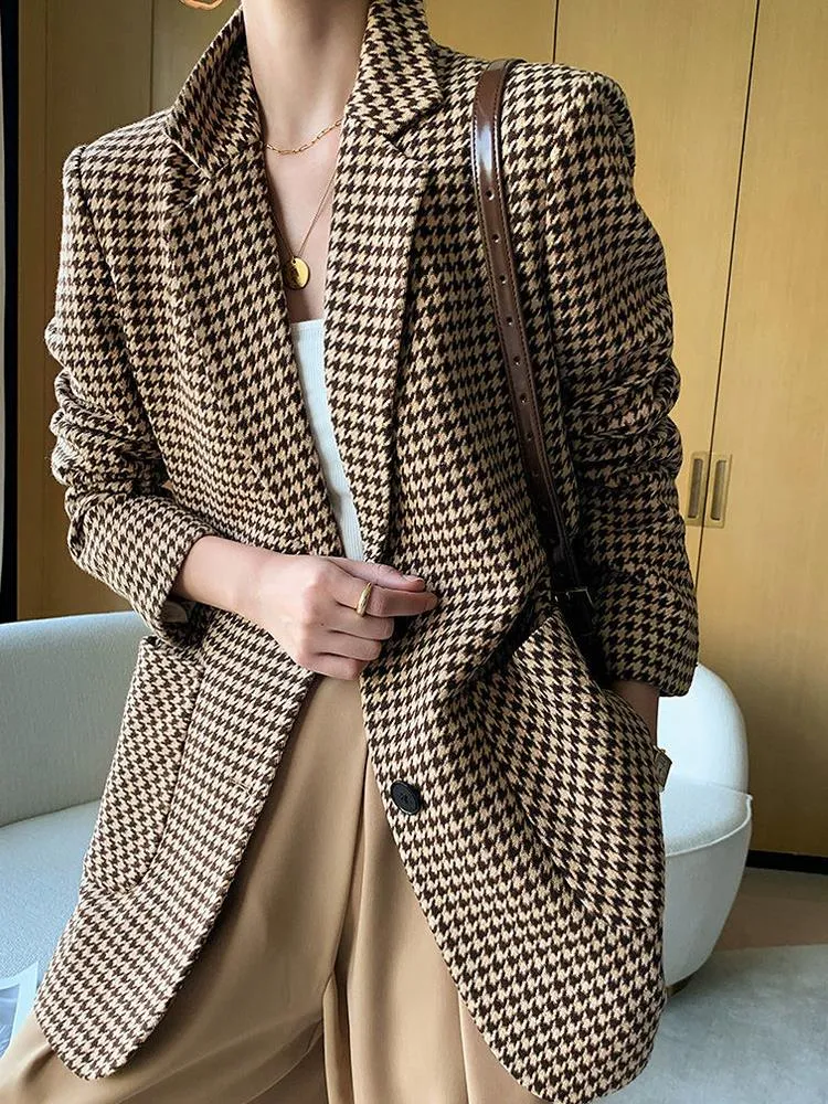 Women Vintage Houndstooth Woolen Blazer