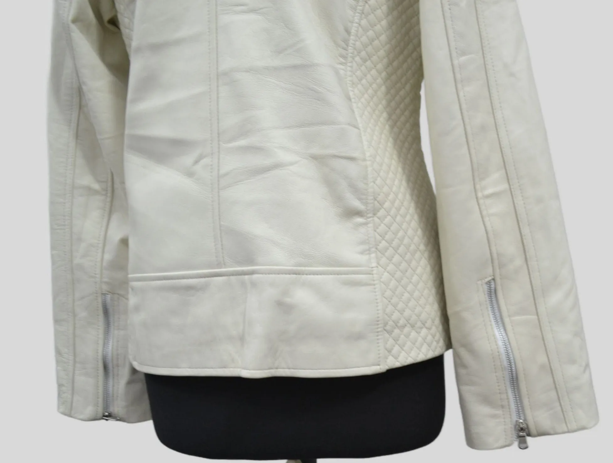 Women's Beige Quilted Cafe Racer Genuine Lambskin Leather Jacket