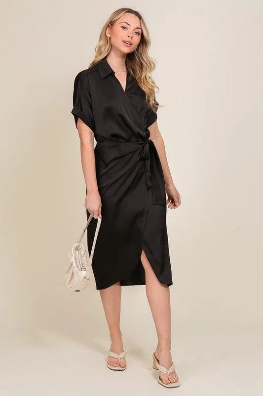 Womens Black Surplice Satin Wrap Dress