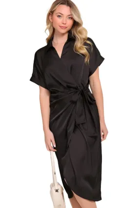 Womens Black Surplice Satin Wrap Dress