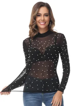 Women's Mesh Tops Long Sleeve Sheer Blouse Sexy Shirt High Neck Clubwear