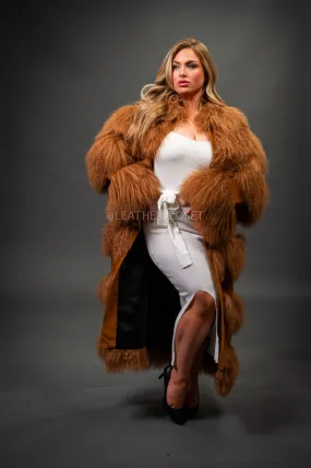 Women's Suede And Mongolian Lamb Fur Convertible Coat [Ginger]