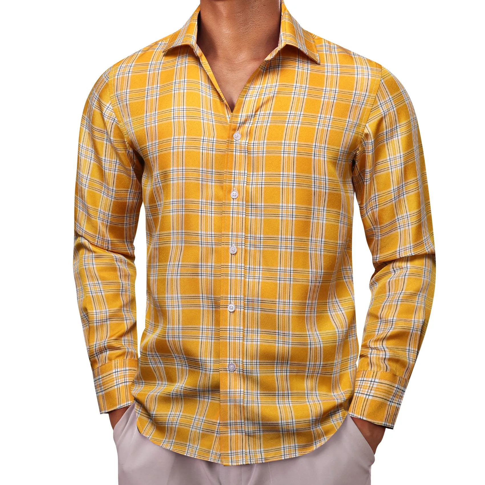 Yellow Plaid Men's Long Sleeve Work Shirt