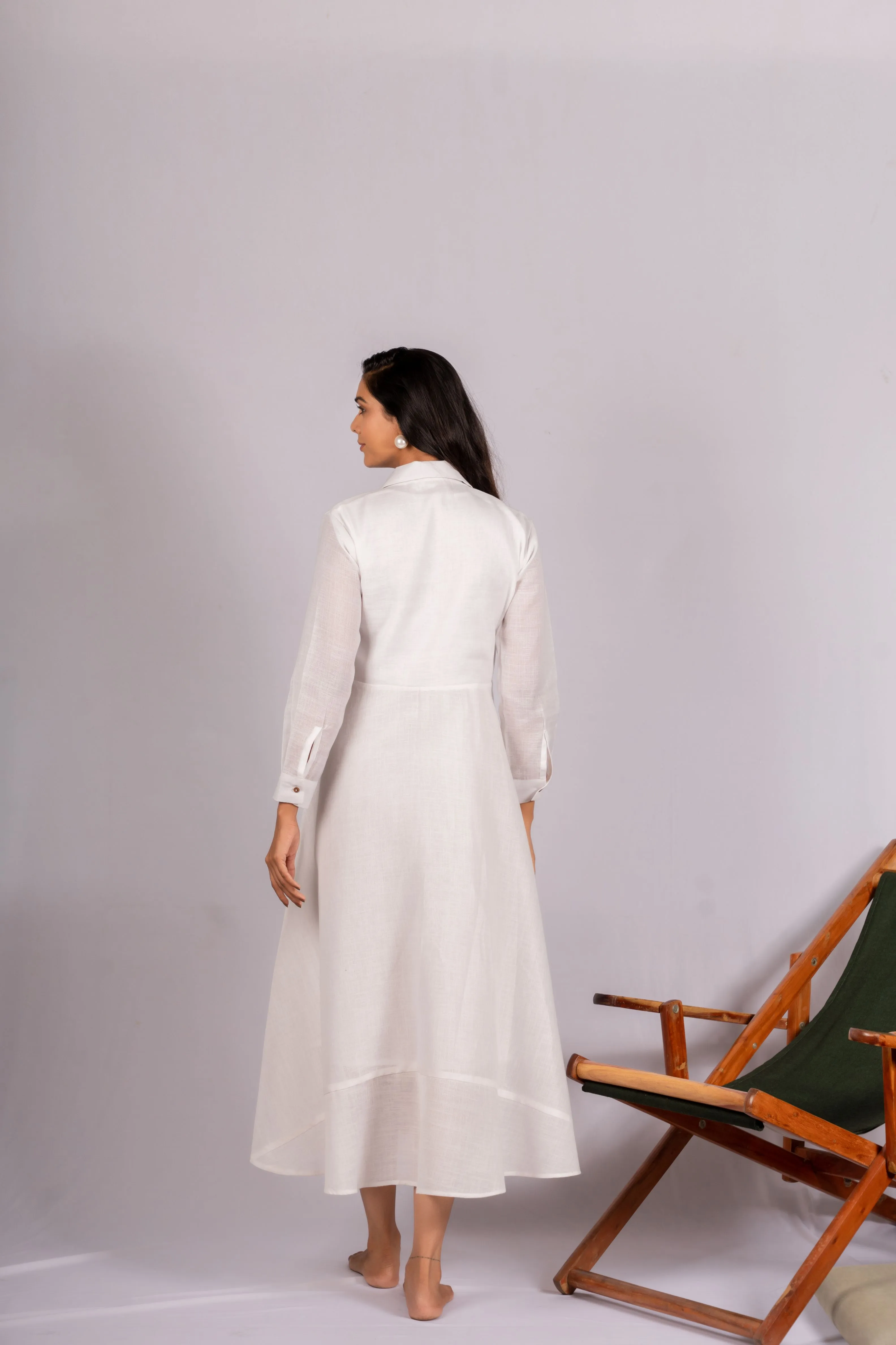 Zen White Linen Dress with Wooden Buttons