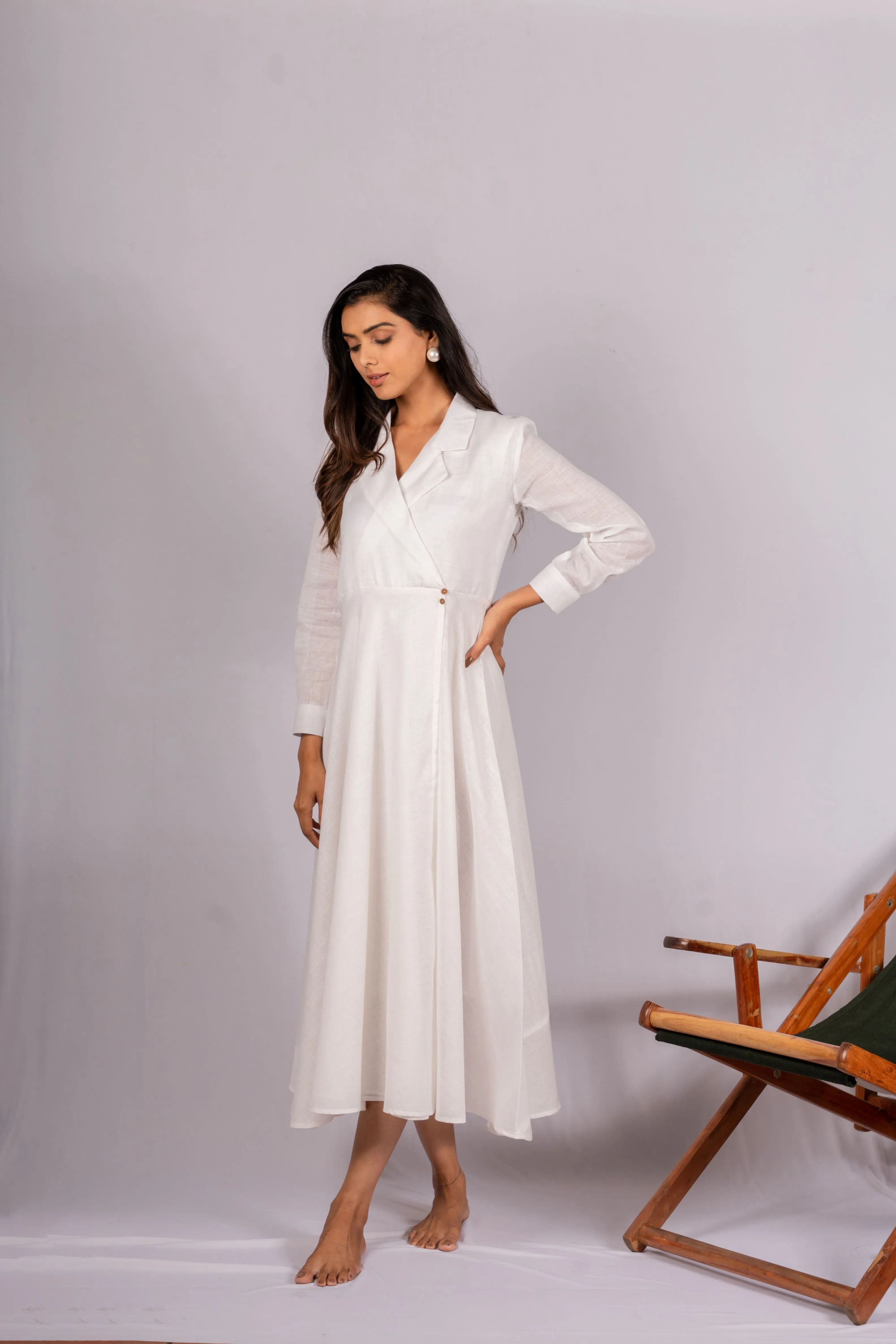 Zen White Linen Dress with Wooden Buttons