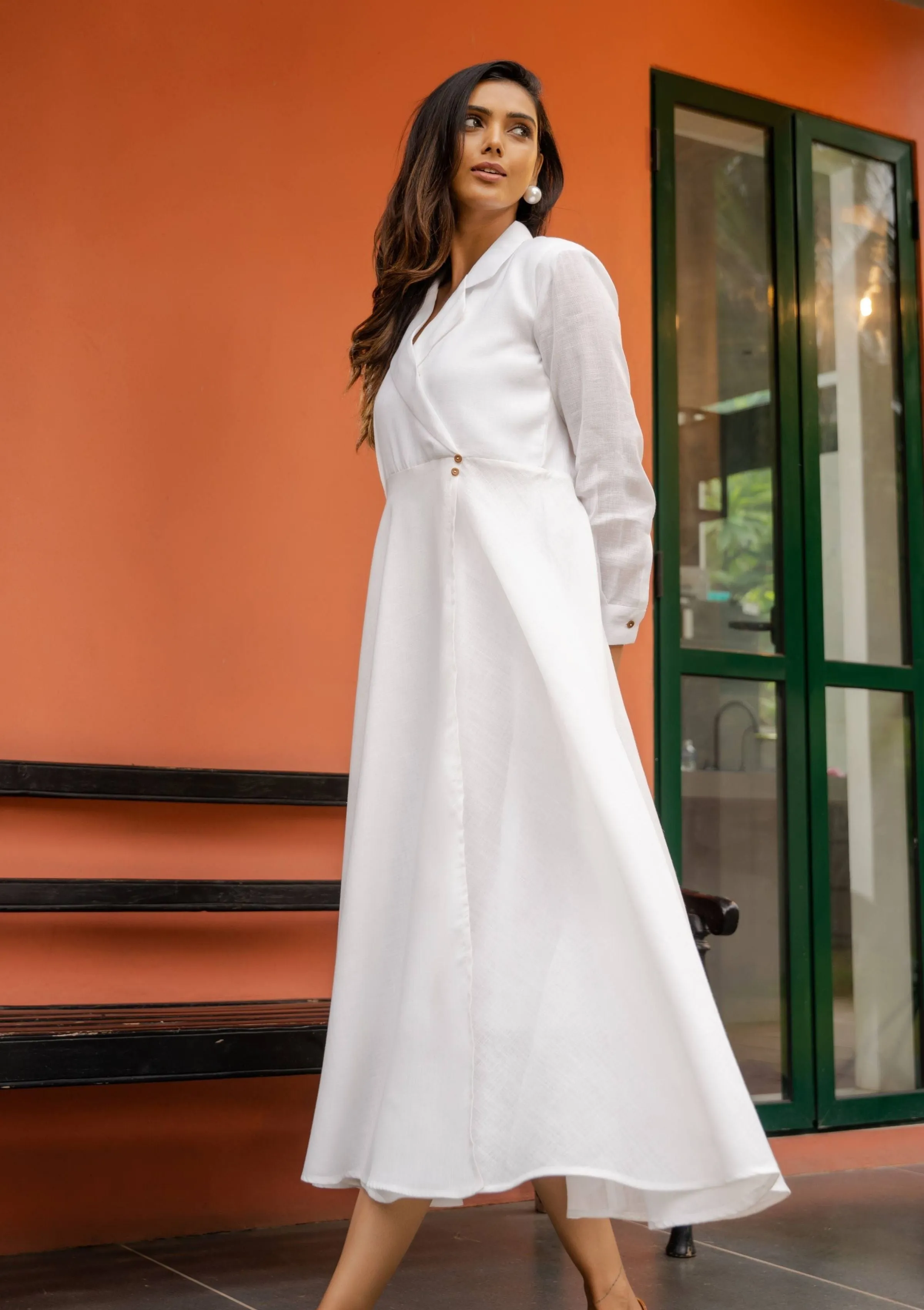 Zen White Linen Dress with Wooden Buttons